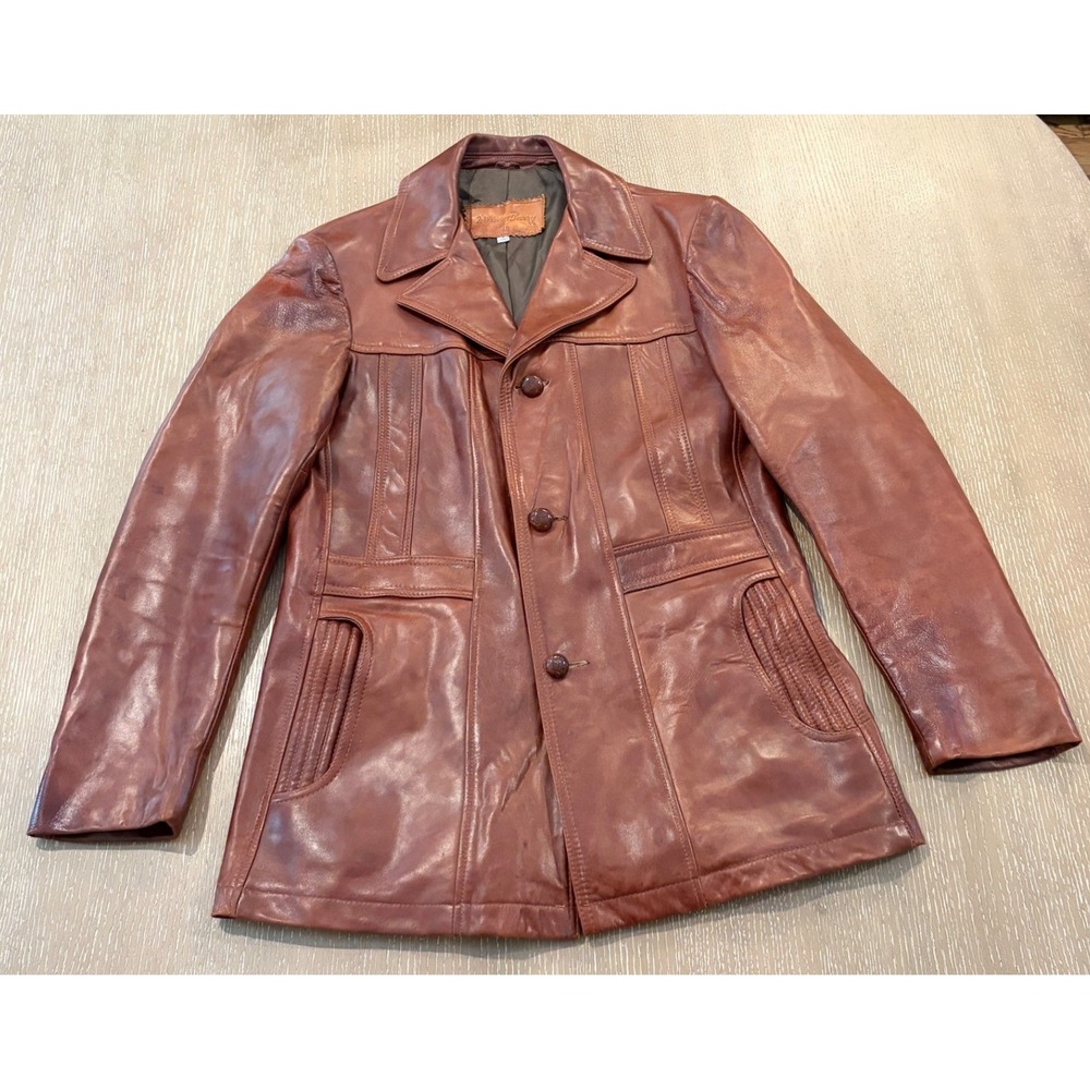 Vintage William Barry Brown Leather Jacket Men's Size 40 Long Button Front Coat